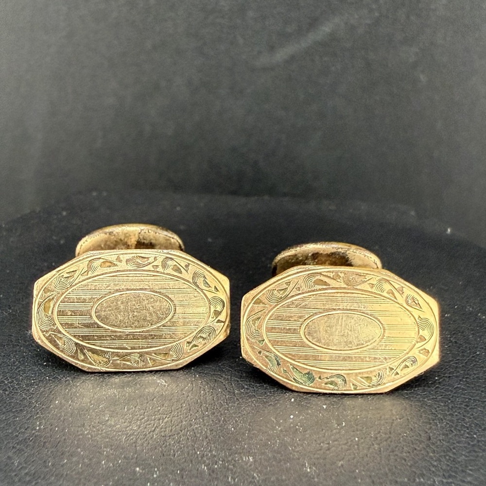 Vintage Hayward Cufflinks Gold Tone Art Deco Etched Fixed Back